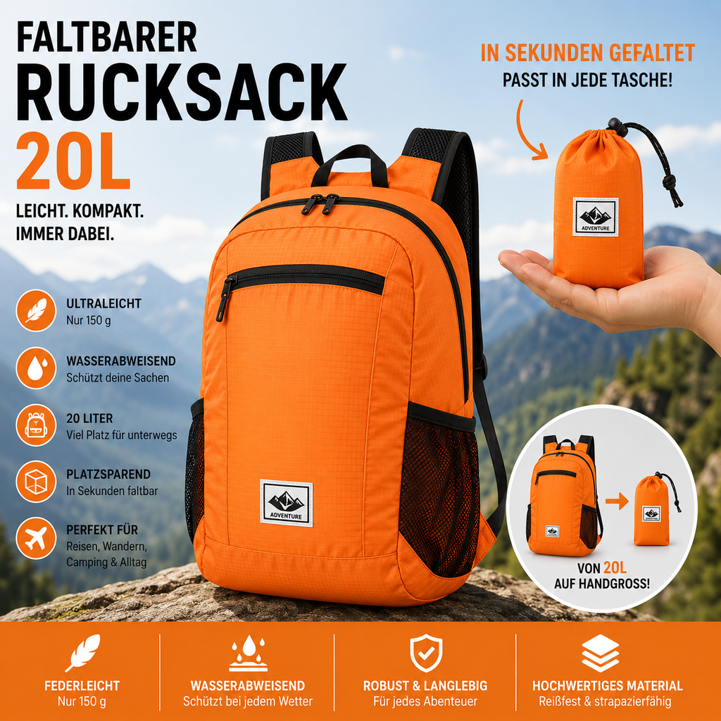 Faltbarer Premium Rucksack 20L – Ultraleicht & Wasserdicht