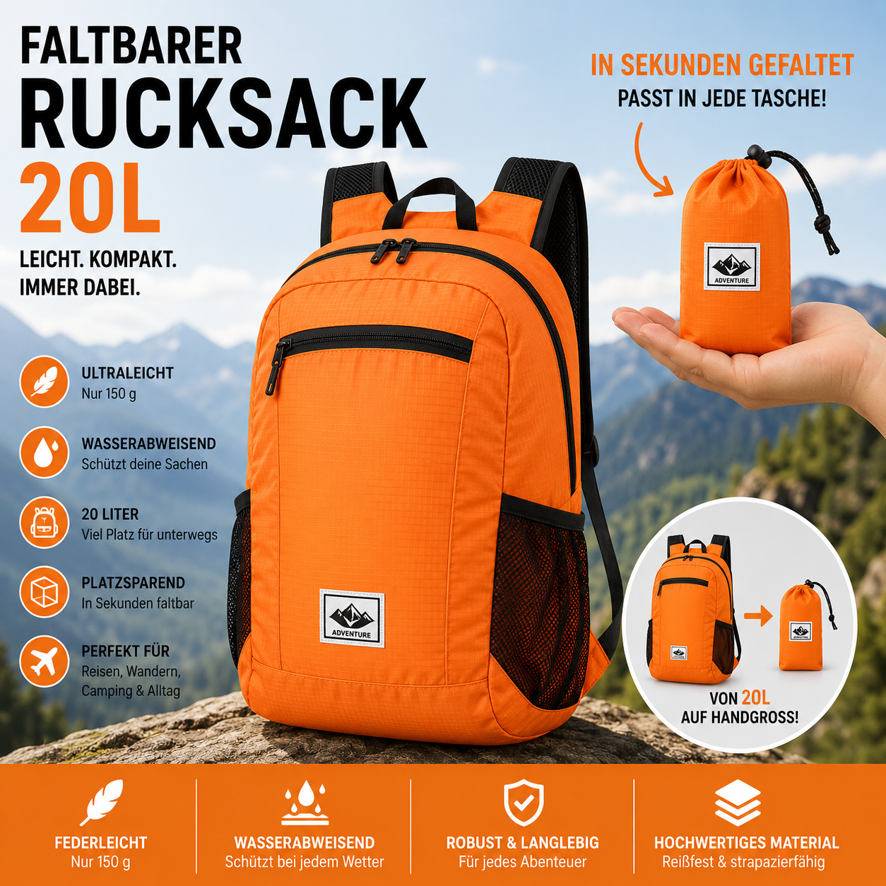 Faltbarer Premium Rucksack 20L – Ultraleicht & Wasserdicht