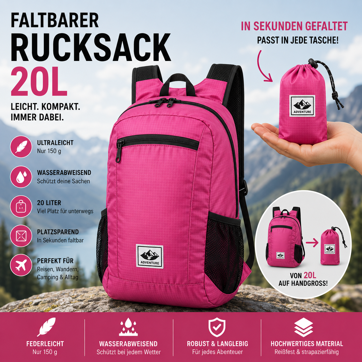 Faltbarer Premium Rucksack 20L – Ultraleicht & Wasserdicht