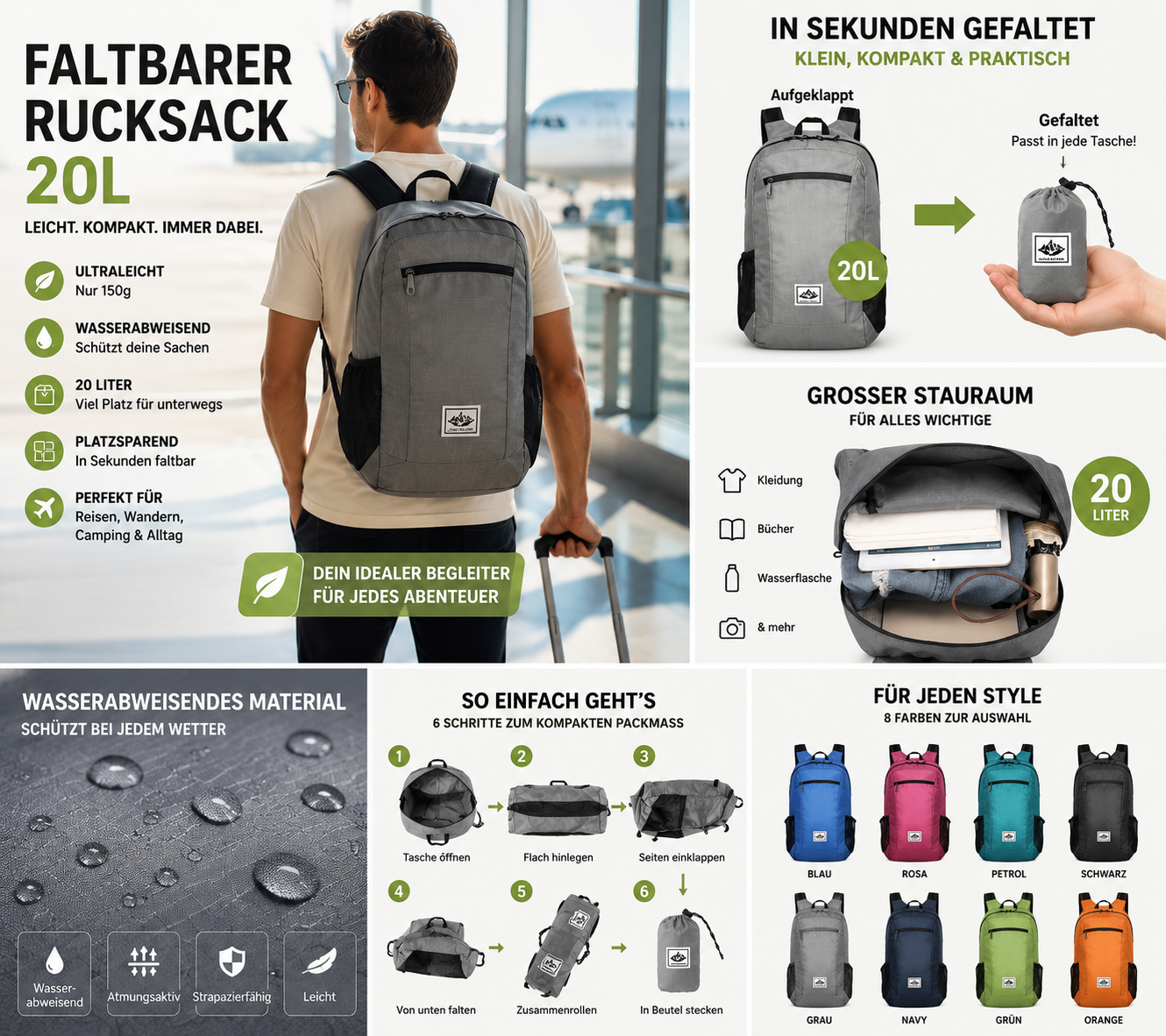 Faltbarer Premium Rucksack 20L – Ultraleicht & Wasserdicht
