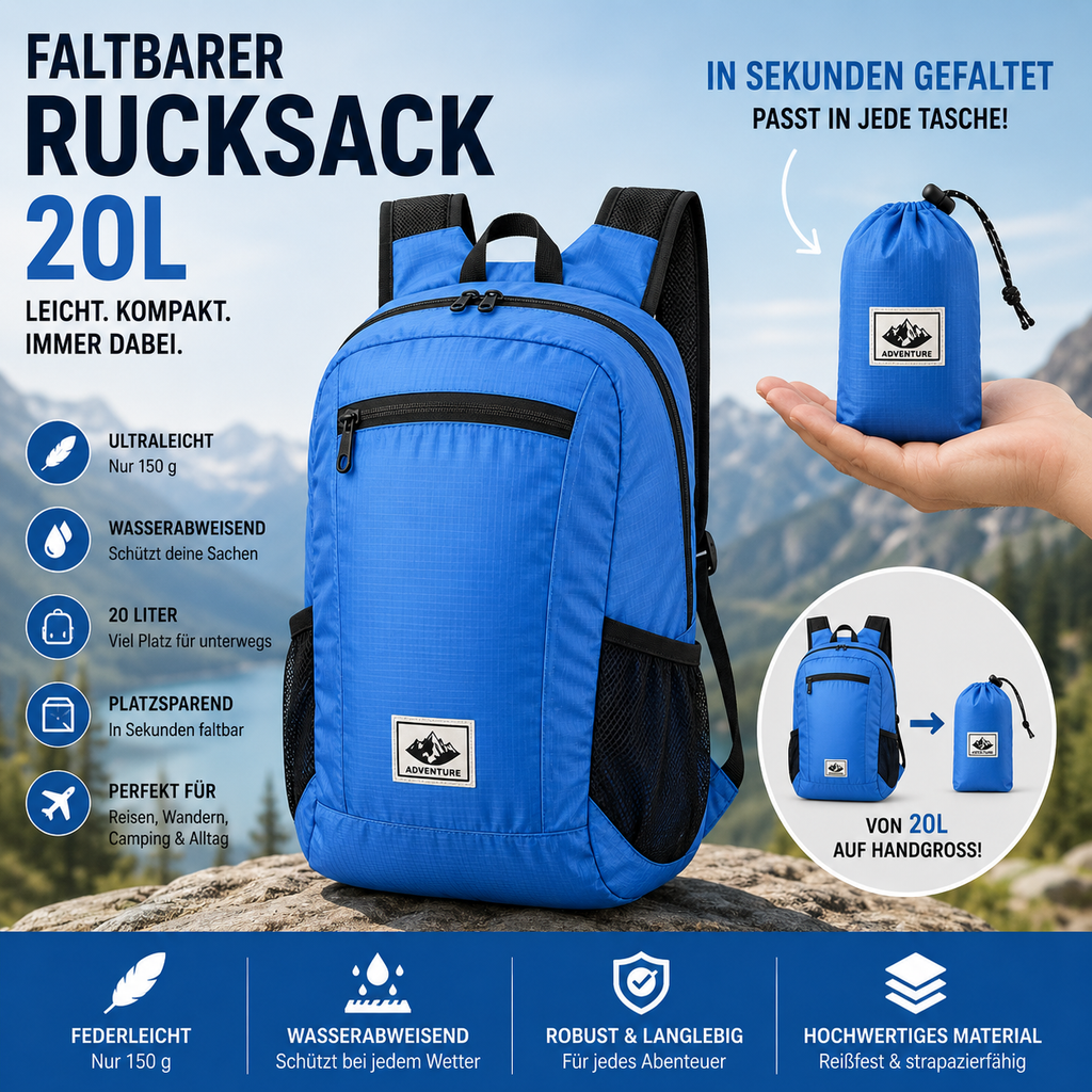 Faltbarer Premium Rucksack 20L – Ultraleicht & Wasserdicht