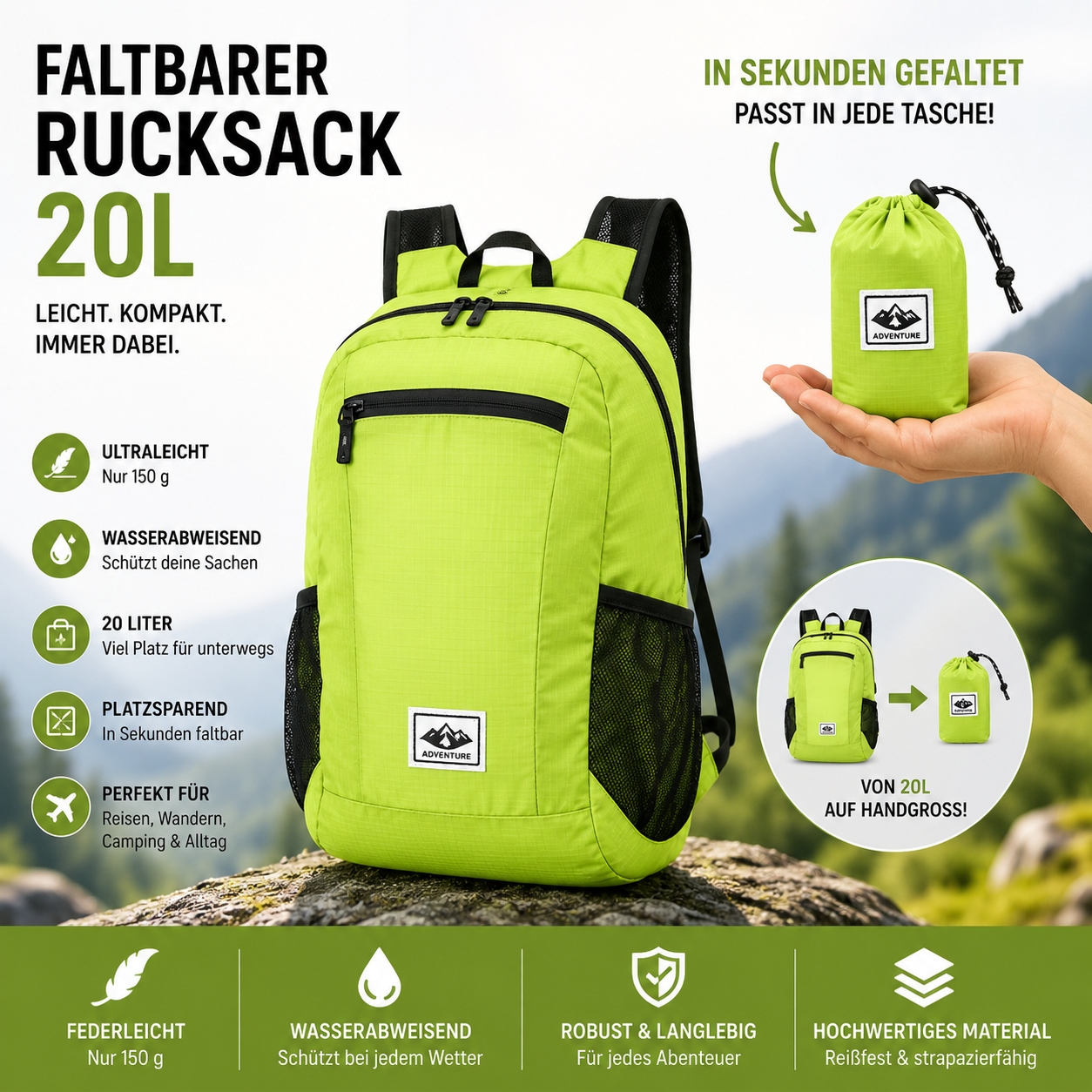 Faltbarer Premium Rucksack 20L – Ultraleicht & Wasserdicht