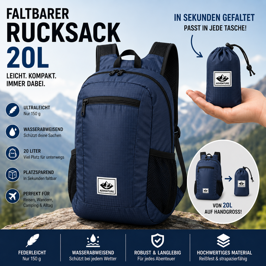 Faltbarer Premium Rucksack 20L – Ultraleicht & Wasserdicht