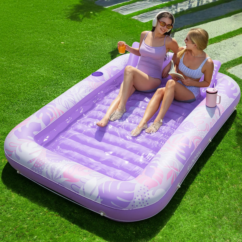 Sloosh-L/Xl Inflatable Tanning Pool Lounge Float with Cup Holder, 70“X46”/85″ X 57″ Extra Large Pool Floats Adult with Pillow, 4 in 1 Suntan Tub Raft Floatie, Sunbathing Bed Lounge for Water Blow up Kids Ball Pit Party Gifts, Inflatable Sofa Summervibes