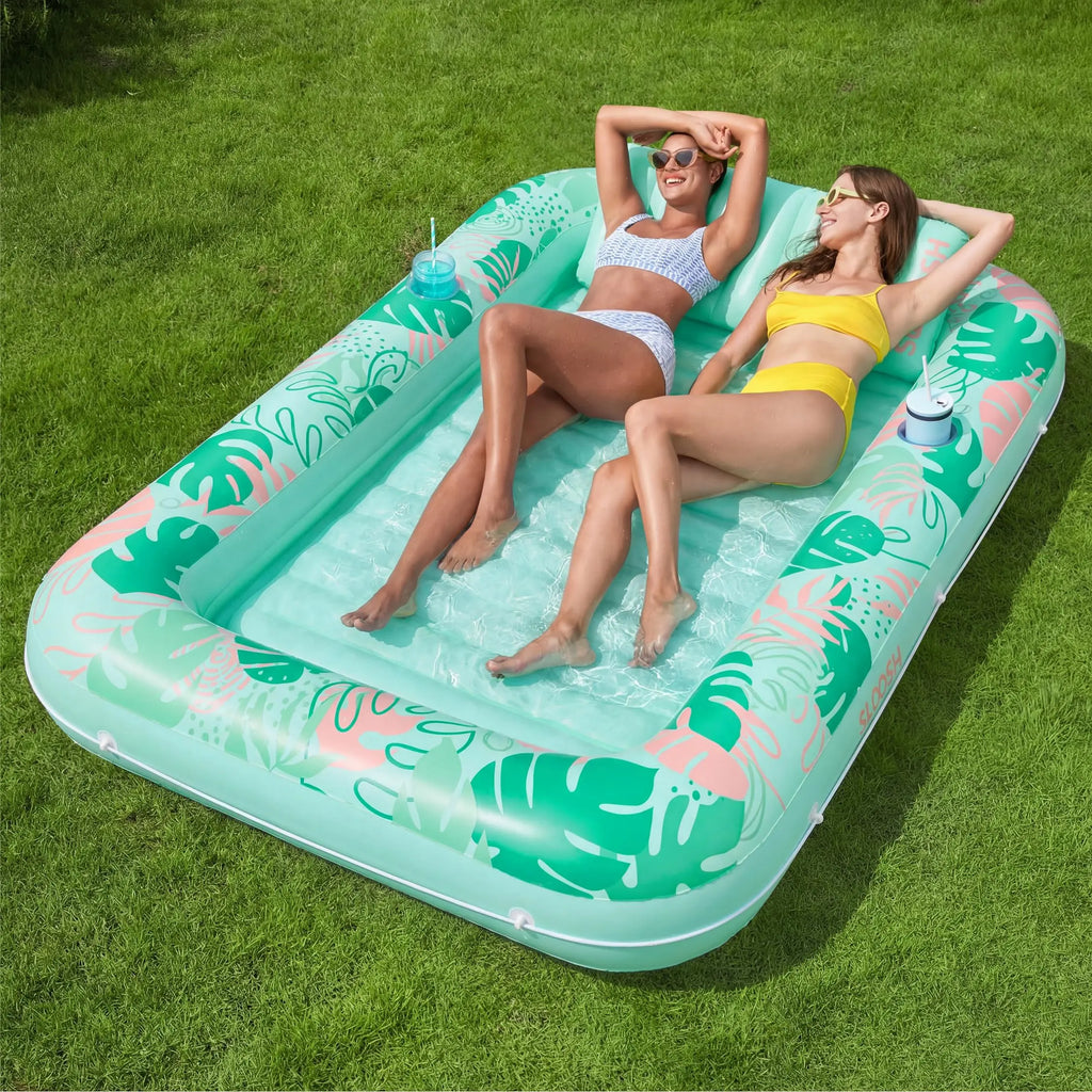 Sloosh-L/Xl Inflatable Tanning Pool Lounge Float with Cup Holder, 70“X46”/85″ X 57″ Extra Large Pool Floats Adult with Pillow, 4 in 1 Suntan Tub Raft Floatie, Sunbathing Bed Lounge for Water Blow up Kids Ball Pit Party Gifts, Inflatable Sofa Summervibes