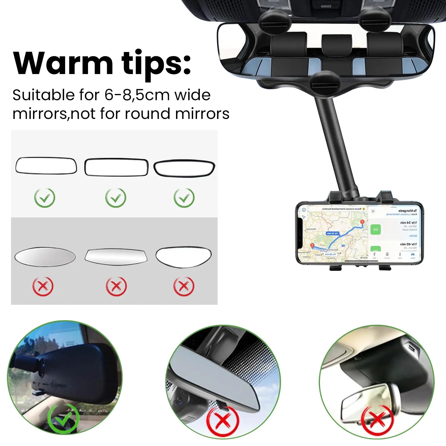 FUDUOO Car Phone Holder, Mobile Phone Holder for Rearview Mirrors, 360° Rotatable & Retractable, Multifunctional Automotive Accessories, Suitable for Any Vehicle Model