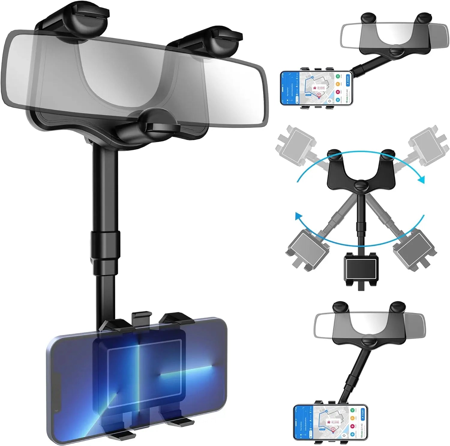 FUDUOO Car Phone Holder, Mobile Phone Holder for Rearview Mirrors, 360° Rotatable & Retractable, Multifunctional Automotive Accessories, Suitable for Any Vehicle Model