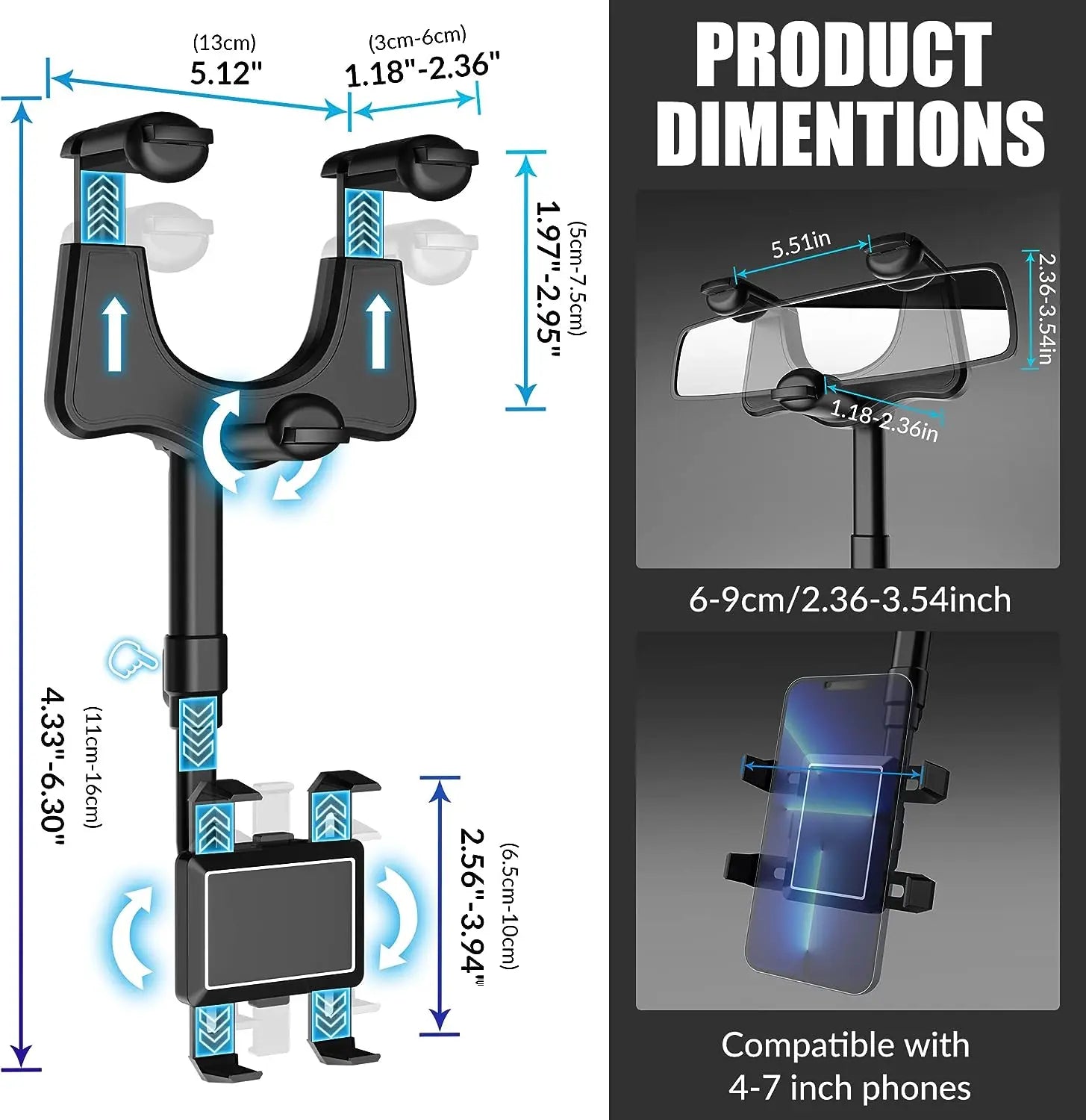 FUDUOO Car Phone Holder, Mobile Phone Holder for Rearview Mirrors, 360° Rotatable & Retractable, Multifunctional Automotive Accessories, Suitable for Any Vehicle Model